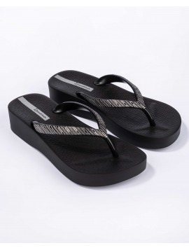 Tongs compensées noires lanières argentées Ipanema