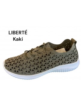 Baskets Eoligeros Liberté femme kaki ajourées à lacets, semelle blanche (Miclaure)