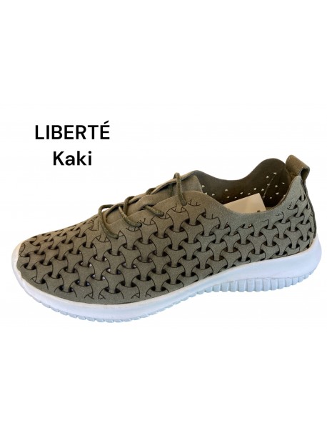 Baskets Eoligeros Liberté femme kaki ajourées à lacets, semelle blanche (Miclaure)