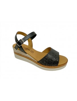 Sandales Eva Frutos femme en cuir noir, bride cheville à boucle et avant effet tressé métallisé, semelle compensée blanche (Micl