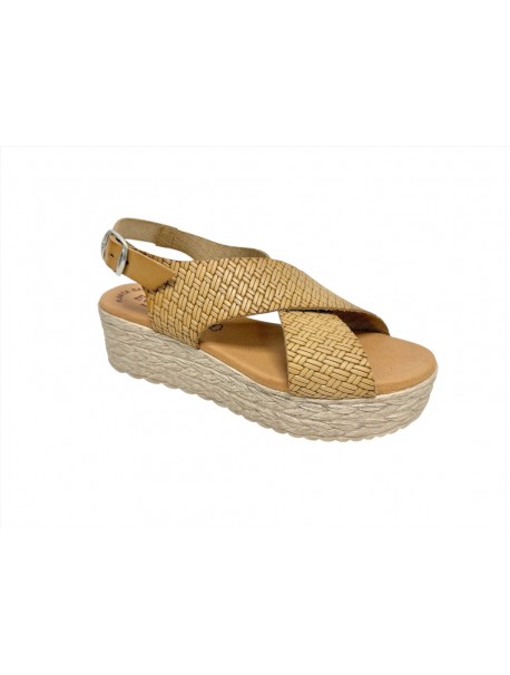 Sandales Eva Frutos femme beige naturel à brides croisées effet tressé, bride arrière à boucle, semelle plateforme effet corde (