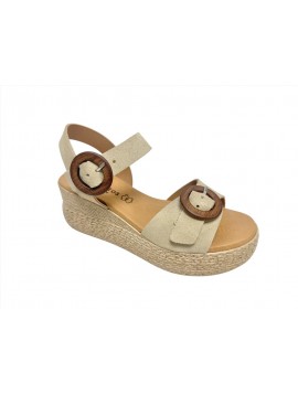 Sandales compensées Eva Frutos femme en daim beige avec boucles rondes effet bois, semelle effet espadrille (Miclaure)