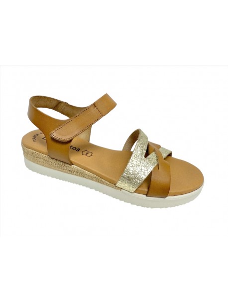 Sandales Eva Frutos femme en cuir camel à brides croisées avec détail doré craquelé, bride arrière velcro, semelle plateforme (M