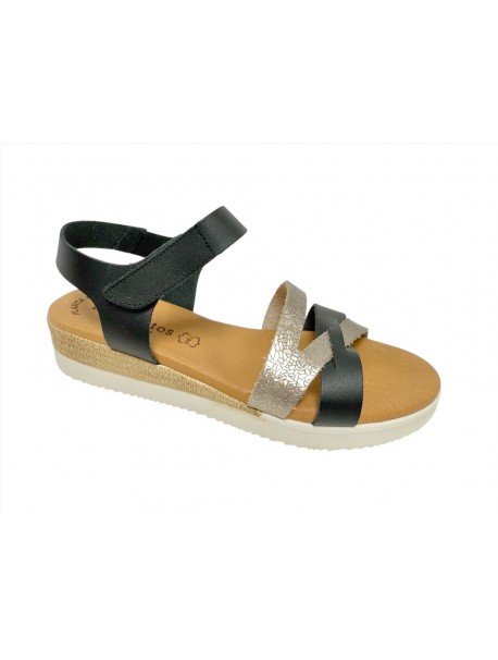 Sandales Eva Frutos femme en cuir noir à brides croisées avec détail argent craquelé, bride arrière velcro, semelle plateforme (