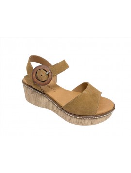 Sandales compensées Eva Frutos femme en daim camel avec boucle ronde effet bois, semelle effet espadrille et surpiqûres (Miclaur