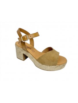Sandales à talon Eva Frutos femme en daim camel avec bride cheville à boucle, semelle plateforme et talon épais effet tressé (Mi