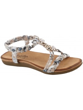 Sandales plates Les Filles du Sud femme à brides tressées imprimées beige/bleu avec fils lurex, ornement fleurs doré et bride él