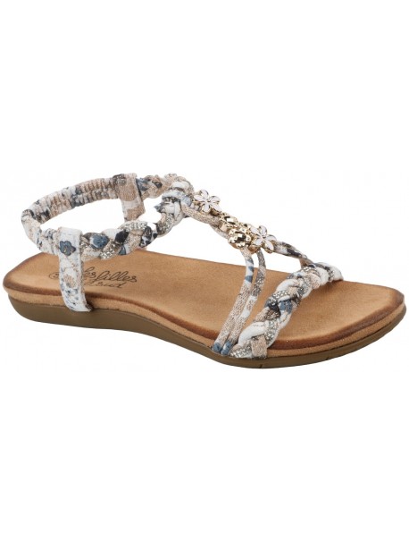 Sandales plates Les Filles du Sud femme à brides tressées imprimées beige/bleu avec fils lurex, ornement fleurs doré et bride él
