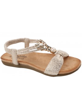 Sandales plates Les Filles du Sud femme beige/ivoire métallisé effet craquelé avec bijou doré et perle, brides élastiquées (Micl