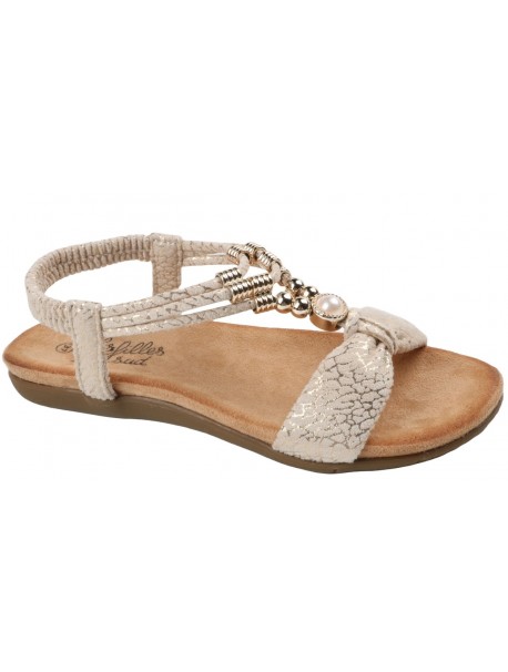 Sandales plates Les Filles du Sud femme beige/ivoire métallisé effet craquelé avec bijou doré et perle, brides élastiquées (Micl