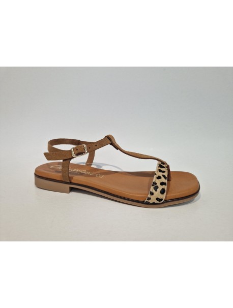 Sandales, Carla Tortosa, femme, cuir brossé, modèle léo, bicolore marron muscade/ imitation léopard, bride boucle avant (Miclaur