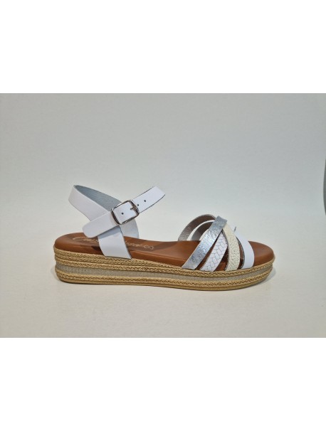 Sandales, compensées, Carla Tortosa, femme, cuir, modèle espiga, multicolore blanc/argentée/beige, bride boucle avant (Miclaure)