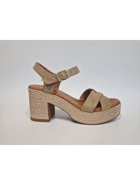 Sandales, à talon, Carla Tortosa, femme, cuir brossé, modèle boréal mushroom, deux bandes, marron doré, bride boucle avant (Micl