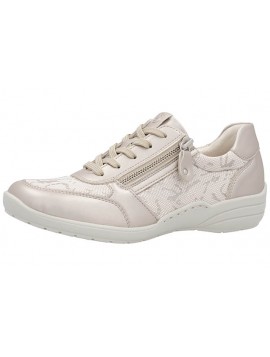 Basket, Remonte, femme, cuir beige métallisé, tissu imprimé imitation serpent beige, lacet (Miclaure)