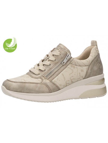 Basket, compensées, Remonte, femme, cuir beige irisé, tissu imprimé imitation serpent beige, lacet, zip (Miclaure)