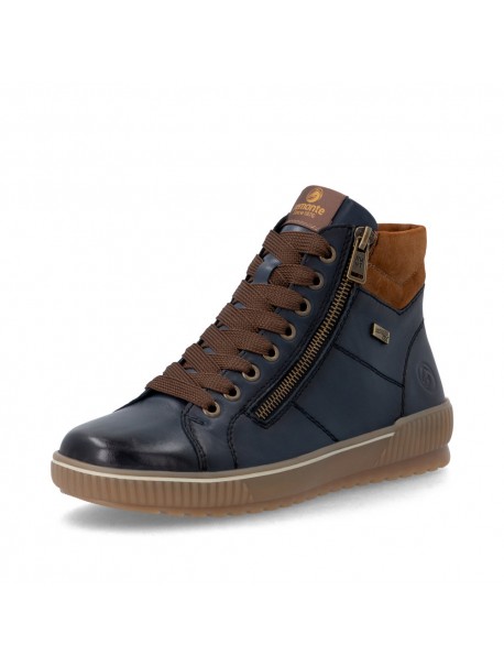 Baskets montantes femme Remonte bleu marine et cognac