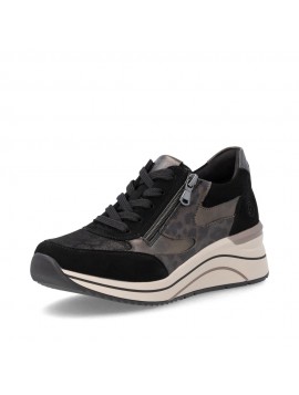 Baskets compensées femme Remonte noires motif léopard